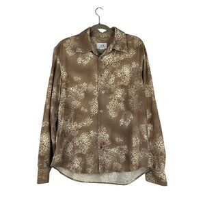 Armani Exchange Women's L Long Sleeve Shirt 100% Cotton Brown Floral Corduroy